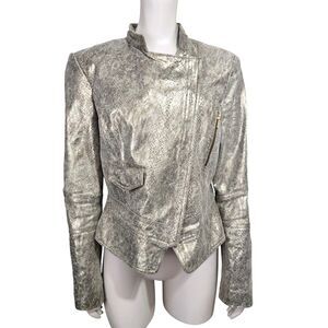 VTG 90s Cache Snake Metallic Leather Jacket Size 12 Fitted y2k Moto Biker Silver